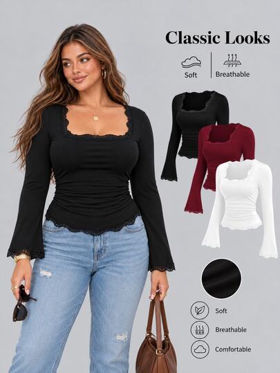 Sweetra Camiseta de punto elástica de manga larga acampanada con cuello cuadrado y encaje en contraste, estilo de moda para otoño