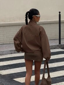 Muchica 秋季女款純色立領拉鍊時尚街頭風休閒百搭日常外出旅行長袖夾克深棕色 - 咖啡棕 - 查看 3