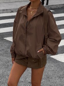 Muchica 秋季女款純色立領拉鍊時尚街頭風休閒百搭日常外出旅行長袖夾克深棕色 - 咖啡棕 - 查看 6
