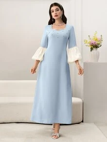 Yasmyna Elegant Beaded & Rhinestone Embellished Square Neck Lantern Sleeve Fitted Slit Back Formal Dress For Women - Multicolor - View 1