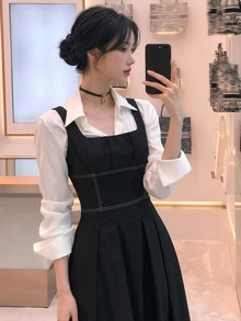 DAZY 女款百褶方領休閒學院風優雅無袖中長洋裝 辦公室下午茶聚會 白色 黑色 冬季 - 黑色 - 查看 2