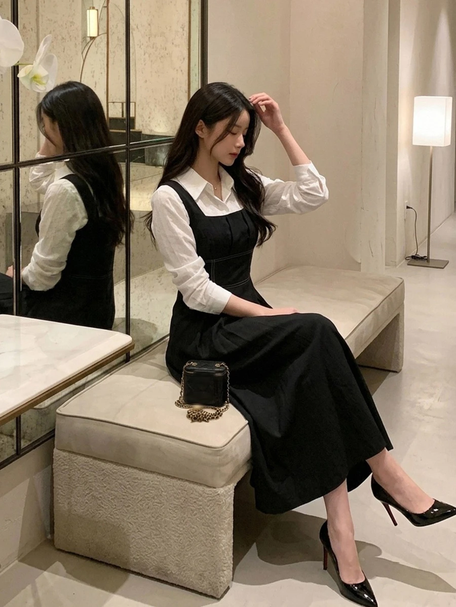 DAZY 女款百褶方領休閒學院風優雅無袖中長洋裝 辦公室下午茶聚會 白色 黑色 冬季 - 黑色 - 查看 1