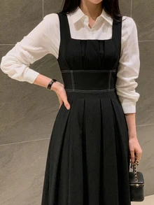 DAZY 女款百褶方領休閒學院風優雅無袖中長洋裝 辦公室下午茶聚會 白色 黑色 冬季 - 黑色 - 查看 8