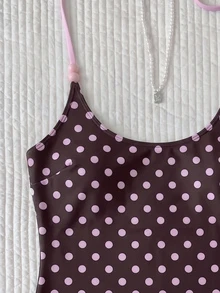 Elavelle Women's Summer Halter Neck Bow Decor Pink Brown Polka Dot Graphic Top Beach Theme Party Bikini Only Top 70s Sexy Cute Style Festival Going Out Outfit - Multicolor - View 5