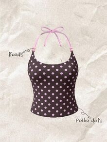 Elavelle Women's Summer Halter Neck Bow Decor Pink Brown Polka Dot Graphic Top Beach Theme Party Bikini Only Top 70s Sexy Cute Style Festival Going Out Outfit - Multicolor - View 1