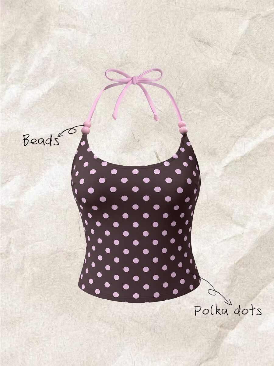 Elavelle Women's Summer Halter Neck Bow Decor Pink Brown Polka Dot Graphic Top Beach Theme Party Bikini Only Top 70s Sexy Cute Style Festival Going Out Outfit - Multicolor - View 1
