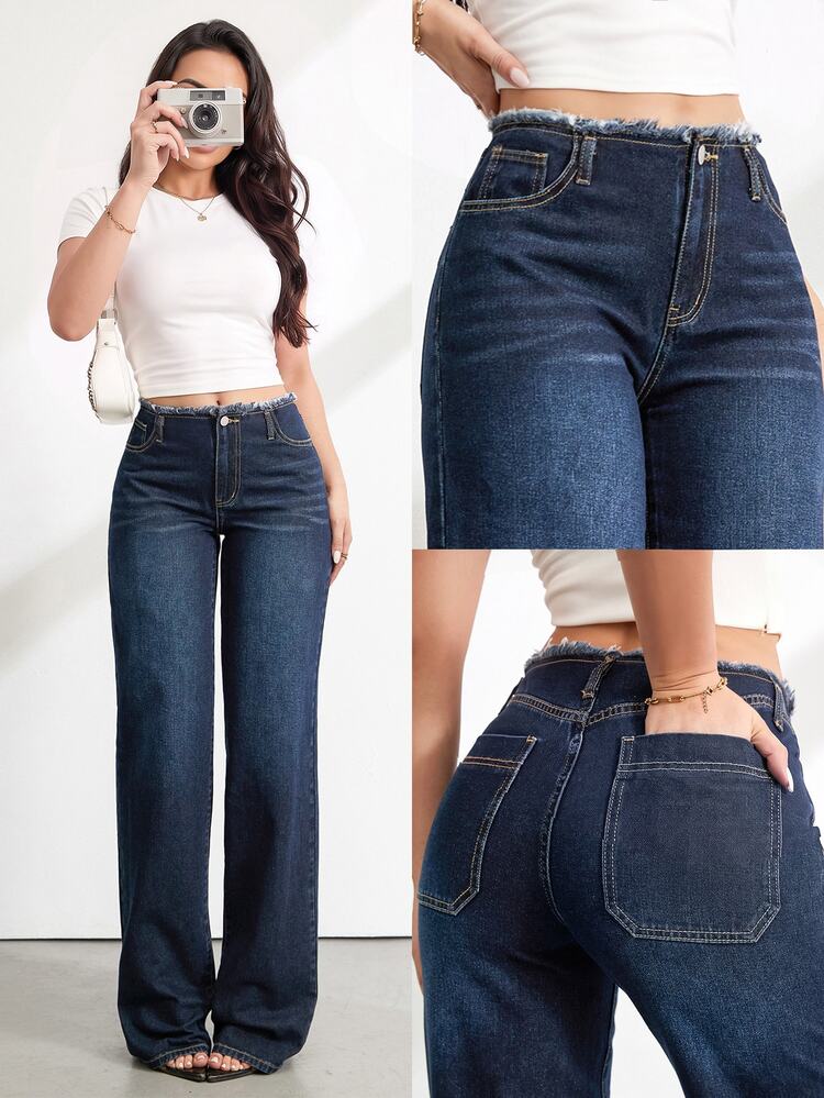 Teen Girls Raw Edge Waist Deep Blue Denim Loose Fit Long Pants Winter Country Pants - Blue - View 1