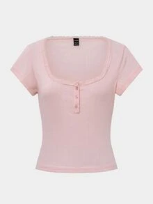 Zavorell Women's Sweet Lace Trim Short Sleeve T-Shirt, Slim Fit, 3-Button Closure, Casual Summer Top - Baby Pink - View 6