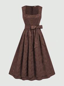 Fairmaia Traditional German Women's Solid Color Square Neck Sleeveless Front Button Dress, Halloween - Coffee Brown - View 3