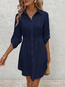 Editum Women's Autumn/Winter Fashion Versatile Commuter Floral Print Shirt Dress - Navy Blue - View 3