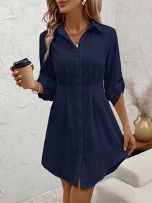 Editum Women's Autumn/Winter Fashion Versatile Commuter Floral Print Shirt Dress - Navy Blue - View 7