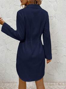 Editum Women's Autumn/Winter Fashion Versatile Commuter Floral Print Shirt Dress - Navy Blue - View 2