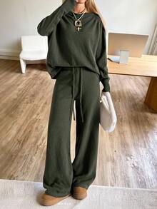 CovetEZ 女款休閒日常軍綠色純色斜肩寬鬆針織毛衣與長褲套裝，秋冬舒適居家休閒兩件套秋季服飾 - 橄欖綠 - 查看 5
