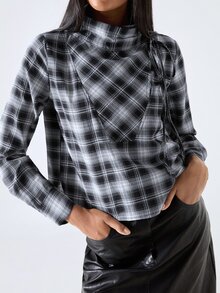 LYSMO Women's High Neck Long Sleeve Bowknot Plaid Fashion Shirt - Multicolor - View 9