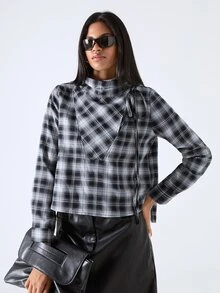 LYSMO Women's High Neck Long Sleeve Bowknot Plaid Fashion Shirt - Multicolor - View 5