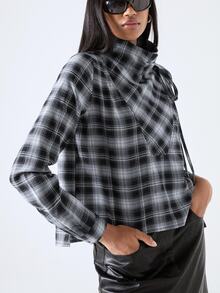 LYSMO Women's High Neck Long Sleeve Bowknot Plaid Fashion Shirt - Multicolor - View 10