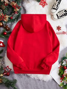 SHEIN EZwear 休閒極簡聖誕純紅拉鍊連帽衛衣，長袖寬鬆口袋女款上衣，適合假日、秋季穿搭，適用日常通勤、約會、聚會，秋冬春夏通用，聖誕節、新年、感恩節、派對、跨年派對 - 紅色 - 查看 2