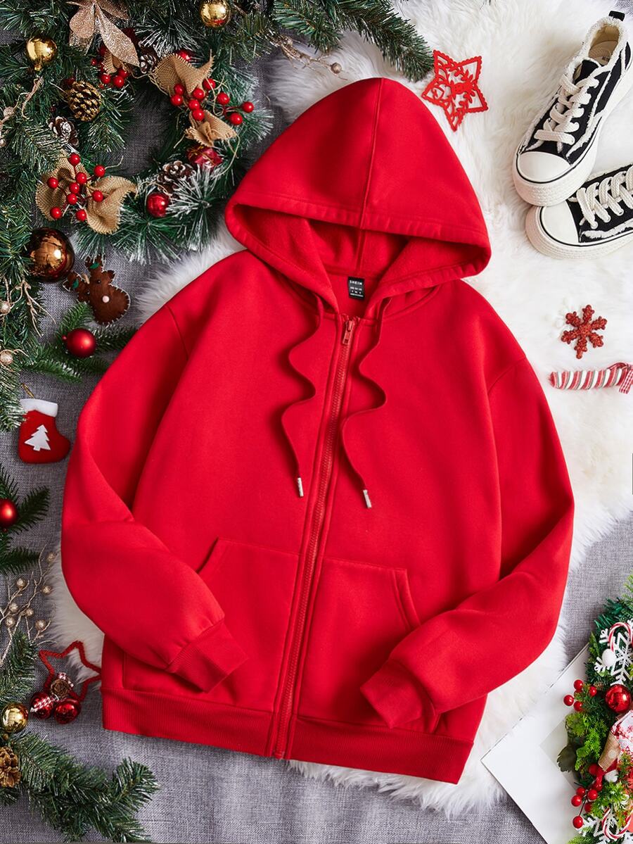 SHEIN EZwear 休閒極簡聖誕純紅拉鍊連帽衛衣,長袖寬鬆口袋女款上衣,適合假日、秋季穿搭,適用日常通勤、約會、聚會,秋冬春夏通用,聖誕節、新年、感恩節、派對、跨年派對 - 紅色 - 查看 1