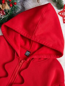 SHEIN EZwear 休閒極簡聖誕純紅拉鍊連帽衛衣，長袖寬鬆口袋女款上衣，適合假日、秋季穿搭，適用日常通勤、約會、聚會，秋冬春夏通用，聖誕節、新年、感恩節、派對、跨年派對 - 紅色 - 查看 3