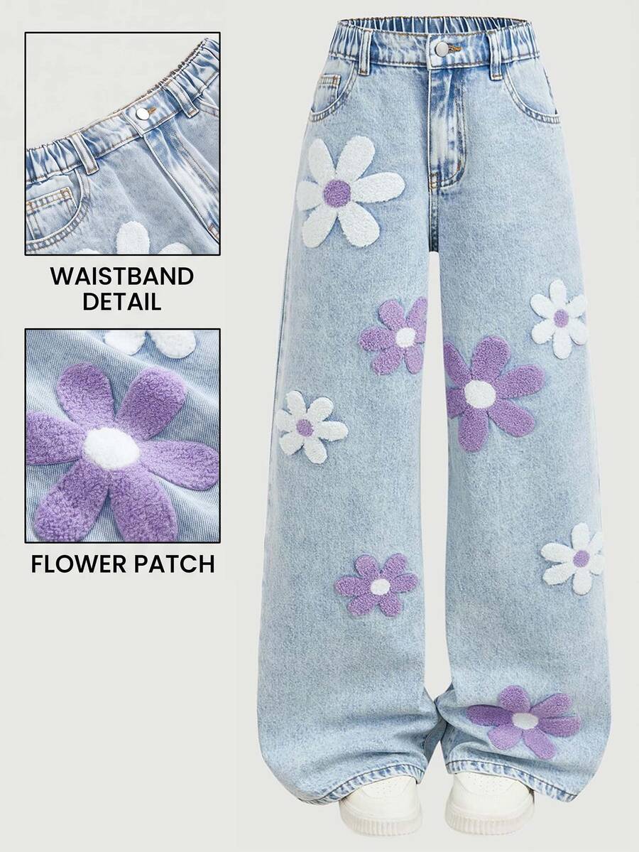 Tween Girl Y2k Blue Kids Washed Loose And Comfortable Cute Flower Applique Embroidered Denim Jeans - Blue - View 1