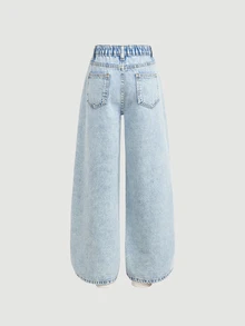 Tween Girl Y2k Blue Kids Washed Loose And Comfortable Cute Flower Applique Embroidered Denim Jeans - Blue - View 2