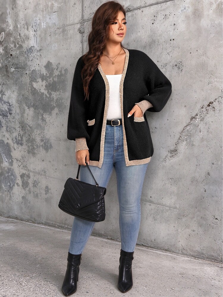 EMERY ROSE Cardigan de punto de talla grande para mujer con cuello en V, rayas verticales y ribete de contraste, manga larga tipo farol holgada, chaqueta suéter ligera de estilo lujoso, largo medio, favorecedor y estilizante, con ribete brillante, versátil para capas y uso diario en el trayecto al trabajo - Multicolor - Añade 8