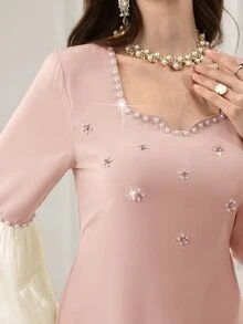 Seusyu Elegant Beaded & Rhinestone Embellished Square Neck Lantern Sleeve Fitted Slit Hem Formal Dress For Women - Pink - View 2