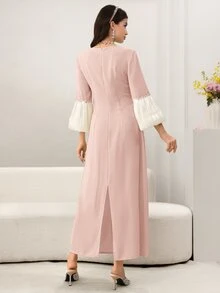 Seusyu Elegant Beaded & Rhinestone Embellished Square Neck Lantern Sleeve Fitted Slit Hem Formal Dress For Women - Pink - View 6