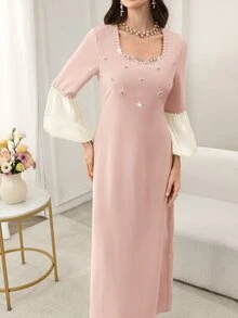 Seusyu Elegant Beaded & Rhinestone Embellished Square Neck Lantern Sleeve Fitted Slit Hem Formal Dress For Women - Pink - View 5