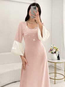 Seusyu Elegant Beaded & Rhinestone Embellished Square Neck Lantern Sleeve Fitted Slit Hem Formal Dress For Women - Pink - View 1