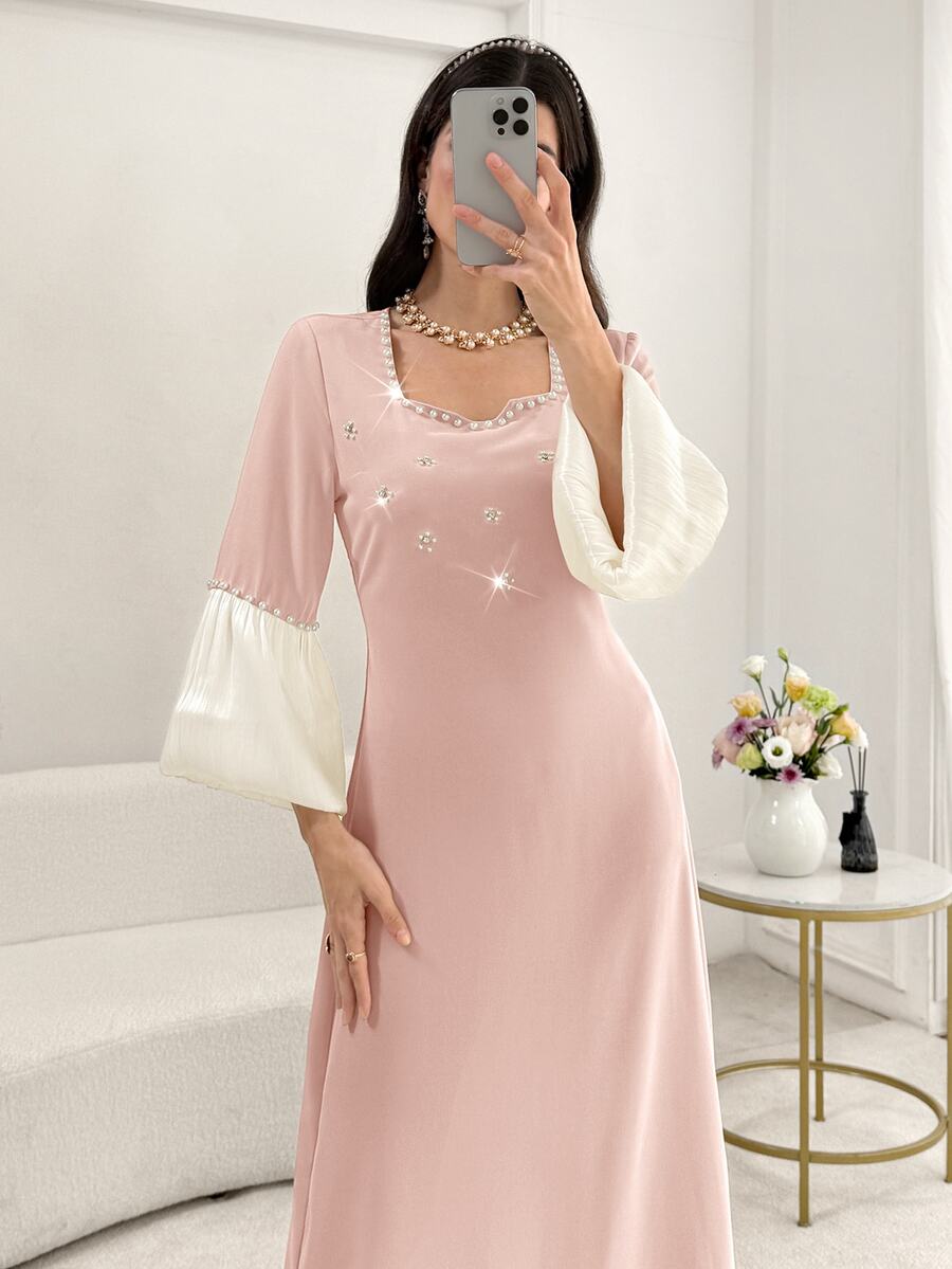 Seusyu Elegant Beaded & Rhinestone Embellished Square Neck Lantern Sleeve Fitted Slit Hem Formal Dress For Women - Pink - View 1