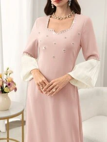 Seusyu Elegant Beaded & Rhinestone Embellished Square Neck Lantern Sleeve Fitted Slit Hem Formal Dress For Women - Pink - View 7