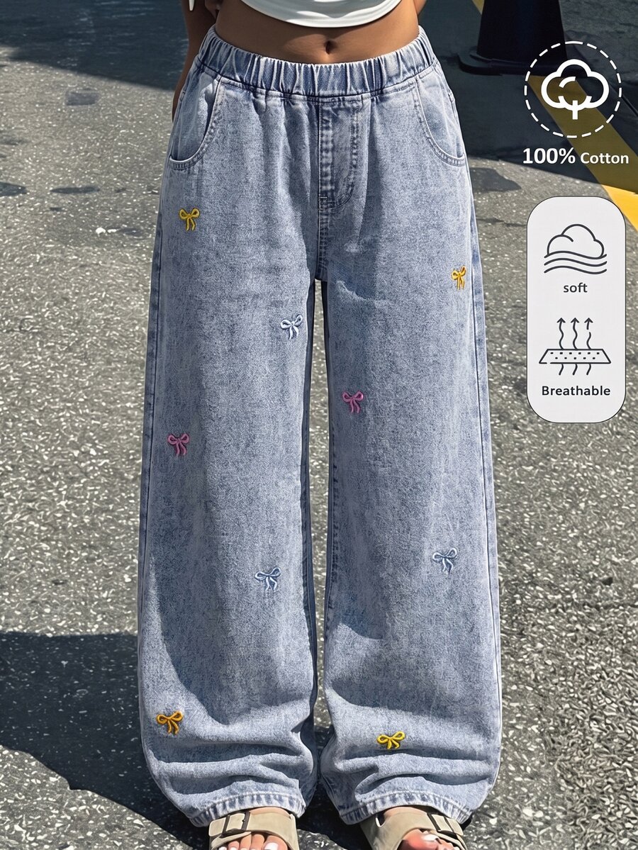 SHEIN Tween Girl Fashion Casual Kids Y2k Colorful Bowknot Embroidered Blue Loose-Fit Jeans - Blue - View 1