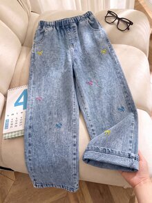 SHEIN Tween Girl Fashion Casual Kids Y2k Colorful Bowknot Embroidered Blue Loose-Fit Jeans - Blue - View 5