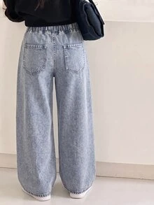SHEIN Tween Girl Fashion Casual Kids Y2k Colorful Bowknot Embroidered Blue Loose-Fit Jeans - Blue - View 2