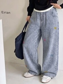 SHEIN Tween Girl Fashion Casual Kids Y2k Colorful Bowknot Embroidered Blue Loose-Fit Jeans - Blue - View 3