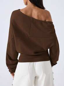 Women's Casual Solid Color Asymmetrical Collar Sweatshirt Going Out Dark Brown Autumn - Brown - View 2