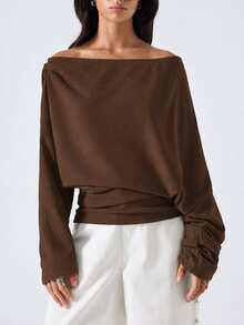 Women's Casual Solid Color Asymmetrical Collar Sweatshirt Going Out Dark Brown Autumn - Brown - View 6