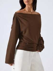 Women's Casual Solid Color Asymmetrical Collar Sweatshirt Going Out Dark Brown Autumn - Brown - View 5