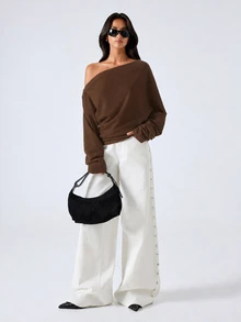 Women's Casual Solid Color Asymmetrical Collar Sweatshirt Going Out Dark Brown Autumn - Brown - View 3
