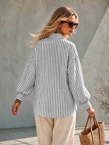 Ceyna Plus Striped Print Drop Shoulder Oversize Smart Casual Baggy Lantern Sleeve Shirt Business Office Travel White Fall - Multicolor - View 2