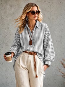 Ceyna Plus Striped Print Drop Shoulder Oversize Smart Casual Baggy Lantern Sleeve Shirt Business Office Travel White Fall - Multicolor - View 6