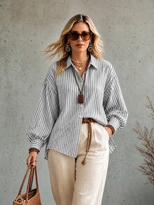 Ceyna Plus Striped Print Drop Shoulder Oversize Smart Casual Baggy Lantern Sleeve Shirt Business Office Travel White Fall - Multicolor - View 4