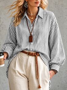 Ceyna Plus Striped Print Drop Shoulder Oversize Smart Casual Baggy Lantern Sleeve Shirt Business Office Travel White Fall - Multicolor - View 3