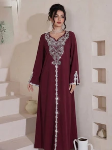Al Najma 刺繡串珠寬鬆長袖開衩長洋裝，優雅端莊菲律賓風情波爾多紅編織女裝，土耳其阿拉伯傳統婚禮晚宴秋季穿搭 - 酒紅色 - 查看 7