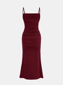 Girlism Teen Girl Teen Girls Dresses Spring/Summer New Knit Ruched Fishtail Elegant Spaghetti Strap Casual Ruched Long Dress, Suitable For All Seasons, Graduation, Prom Dresses, Graduation Dresses - Burgundy - View 2