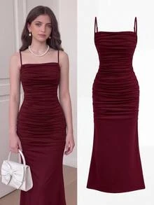 Girlism Teen Girl Teen Girls Dresses Spring/Summer New Knit Ruched Fishtail Elegant Spaghetti Strap Casual Ruched Long Dress, Suitable For All Seasons, Graduation, Prom Dresses, Graduation Dresses - Burgundy - View 3
