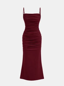 Girlism Teen Girl Teen Girls Dresses Spring/Summer New Knit Ruched Fishtail Elegant Spaghetti Strap Casual Ruched Long Dress, Suitable For All Seasons, Graduation, Prom Dresses, Graduation Dresses - Burgundy - View 4