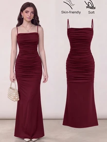 Girlism Teen Girl Teen Girls Dresses Spring/Summer New Knit Ruched Fishtail Elegant Spaghetti Strap Casual Ruched Long Dress, Suitable For All Seasons, Graduation, Prom Dresses, Graduation Dresses - Burgundy - View 1