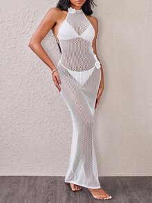 SHEIN Swim 女士花卉钩针露背连衣裙，优雅 - 白色 - 查看 4